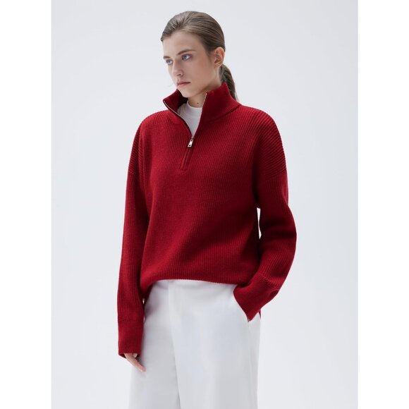 Women Red Oversized Cashmere Collared Ribbed Long Sleeve Sweater - Picture 4 of 7
